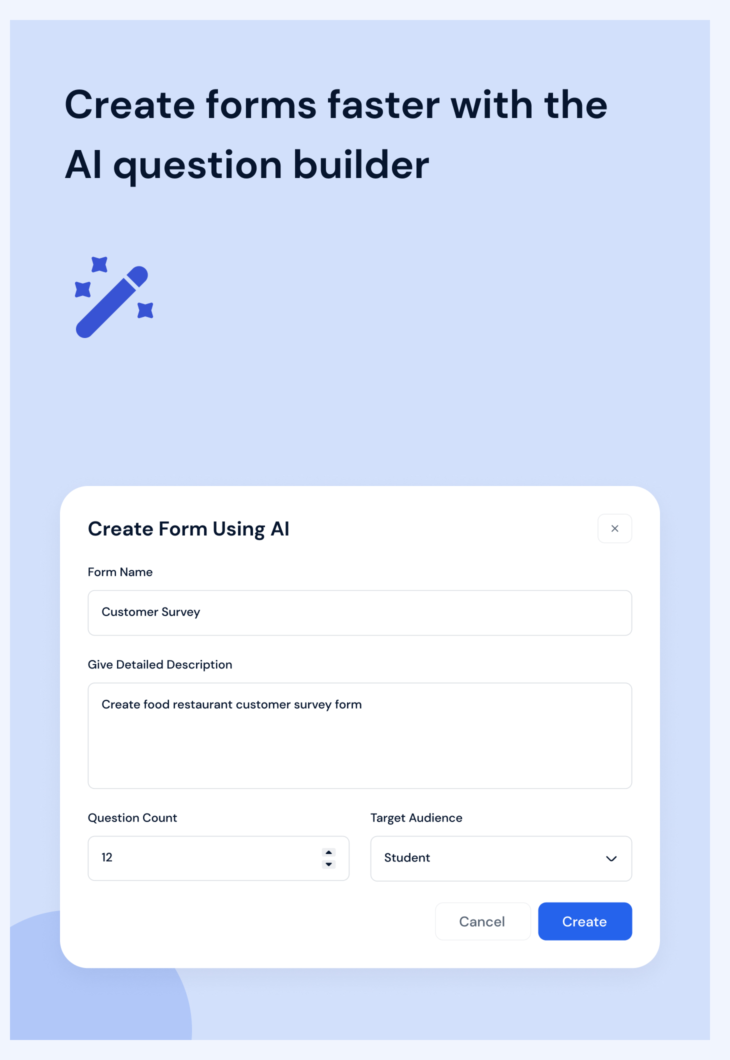 GoZen Forms AI Main Dashboard with the 3 options to create new forms, 1. Start from scratch, 2. Choose a template, 3. Create with Ai Gozen Forms Ai Main Dashboard